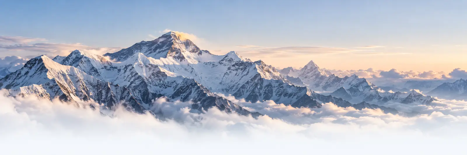 AI-generated artwork of Himalayan peaks rising above soft clouds at sunrise